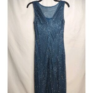 Aidan Mattox 'Riviera' Beaded Illusion-Top Gown Dress Blue Green Size 4